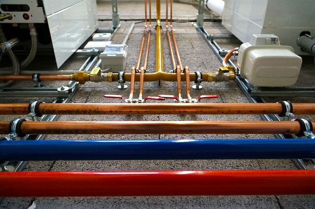 pex tubing, red, blue, and copper